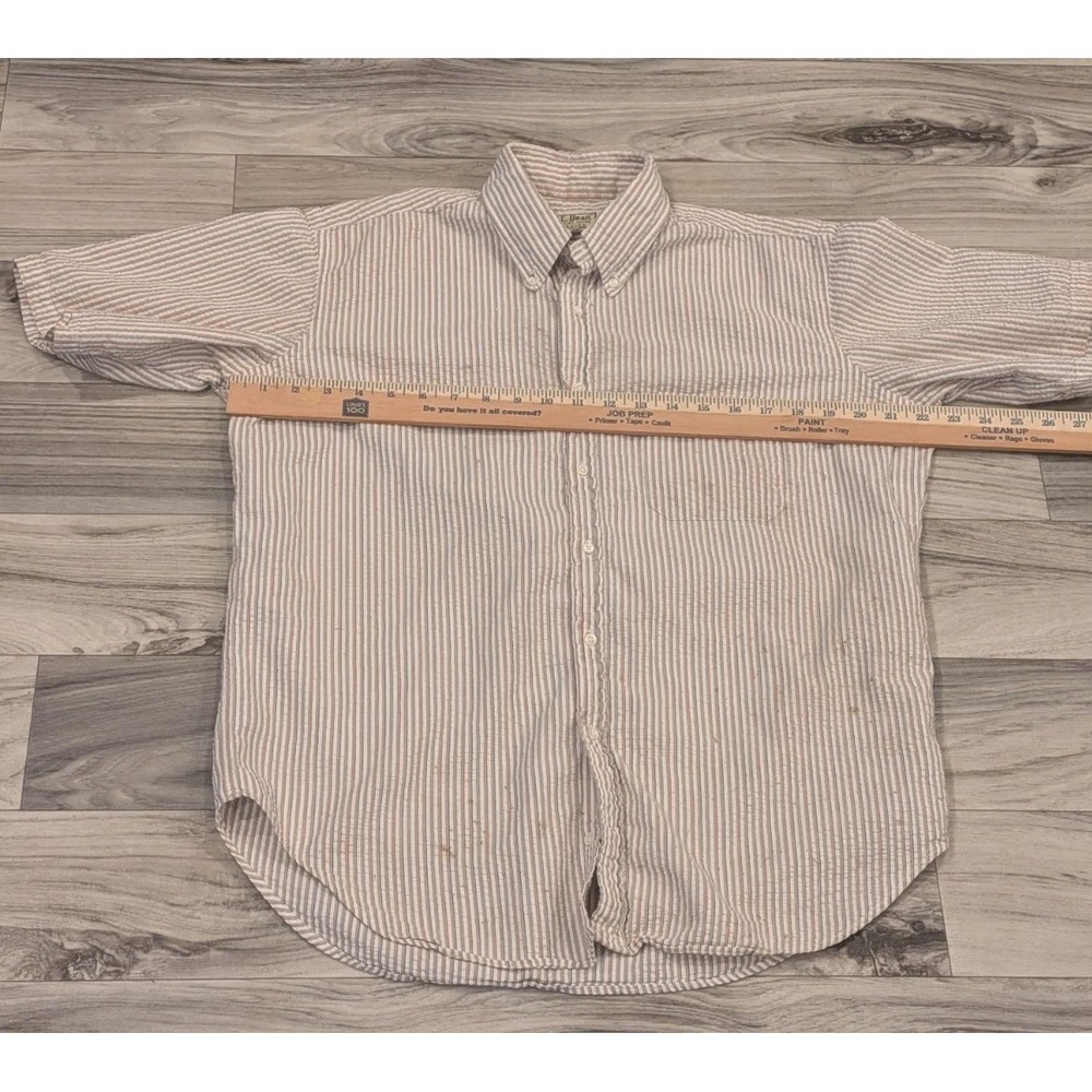 LL Bean Seersucker Shirt Mens L Tan Striped Short Sleeve Button Up Vintage USA